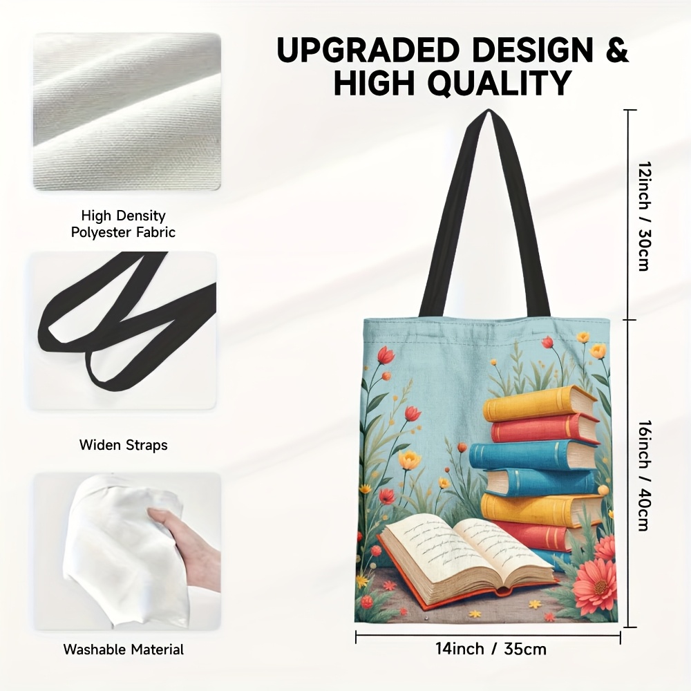 TEMU 1pc Large Capacity Book-themed Tote Bag With Book & Floral Print - Durable Canvas Shoulder Bag Suitable For Teachers, Students, Travel, Library,