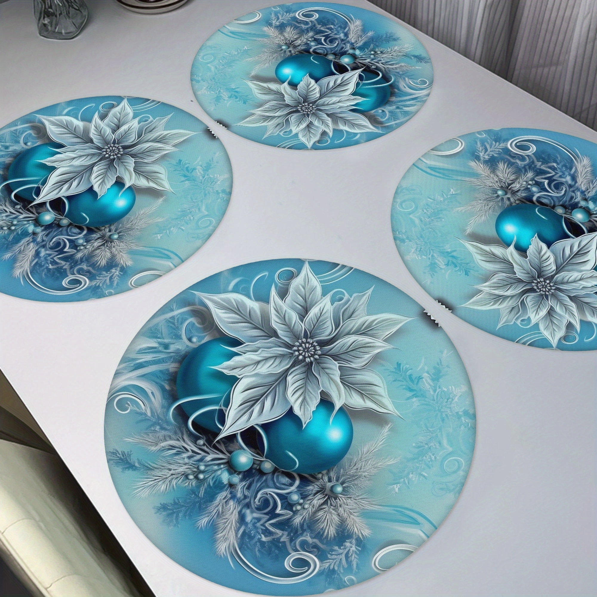 

4-pack Blue Christmas Ornaments Placemats, 15" Round Non-slip Washable Table Mats, Polyester Woven Cover For Home Kitchen Banquet Party Dining Decor