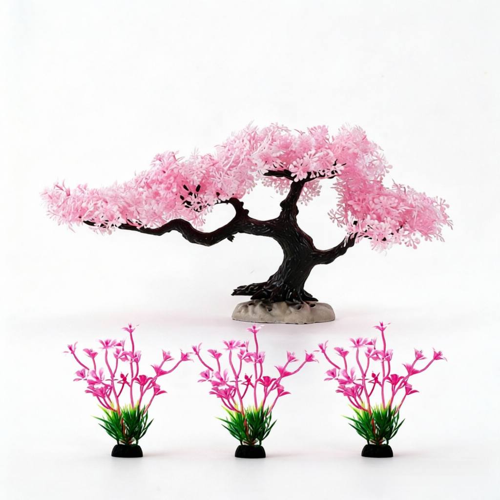 TEMU 4pcs Set Of Simulated Snowflake Pink Pine Ornaments, Chinese-style Bonsai Potted Plant Design, Artificial Pine Branches And Leaves, Underwater