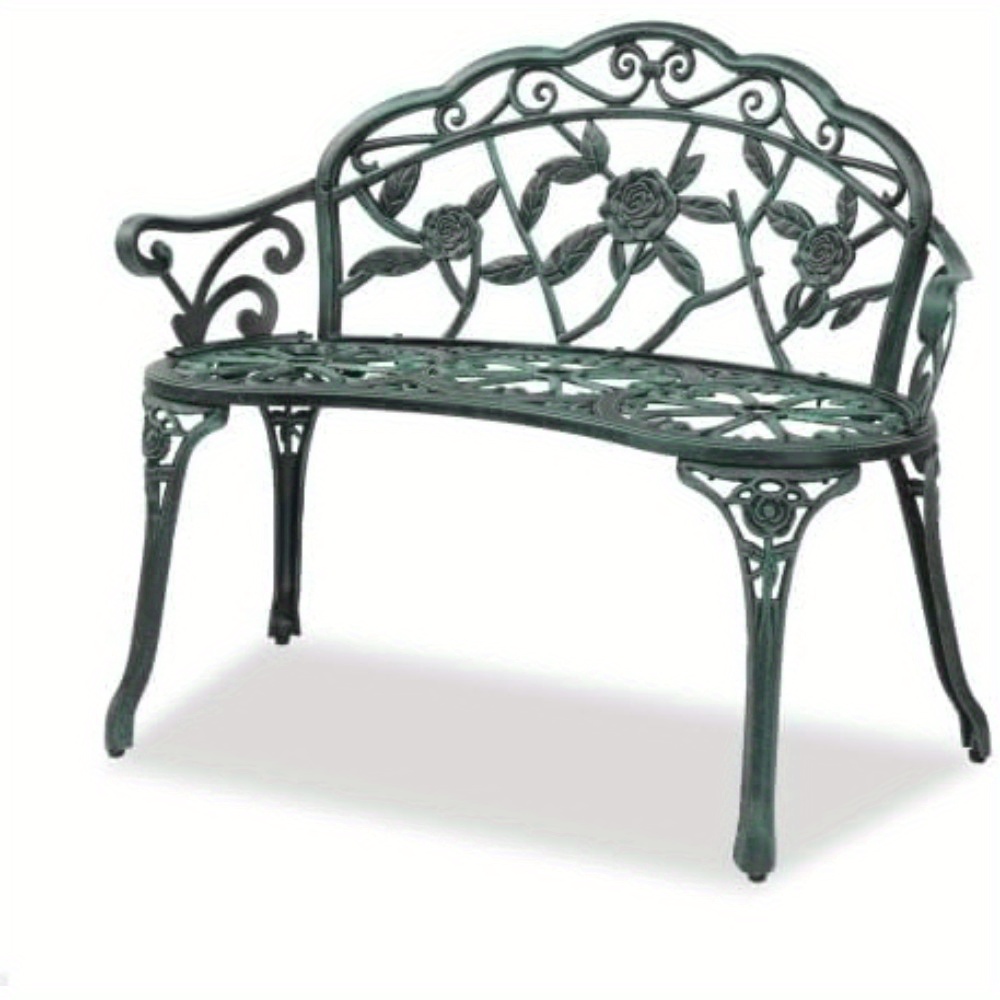 TEMU Bonnlo 2-seater Metal Garden Bench With Ornate Backrest & Black Wrought Iron-like Frame - Heavy-duty Aluminum Outdoor Furniture, Weatherproof