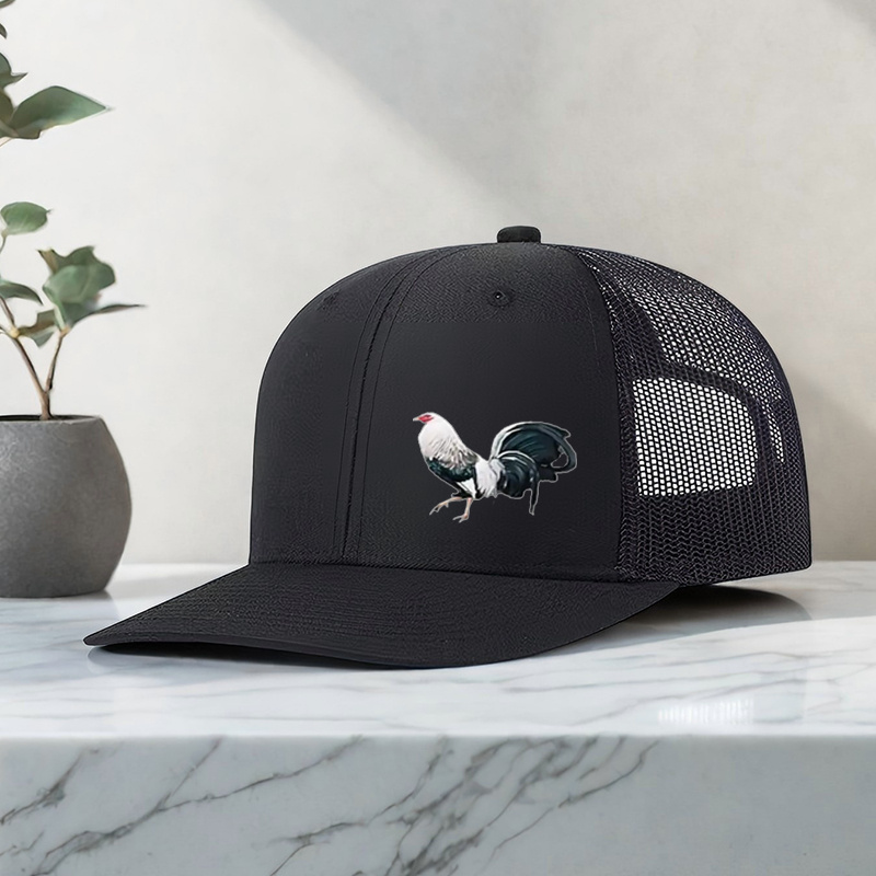 TEMU Men's Black Mesh Baseball With Rooster Pattern Print Design - Breathable Trucker Hat For Outdoor Sports And Casual Wear