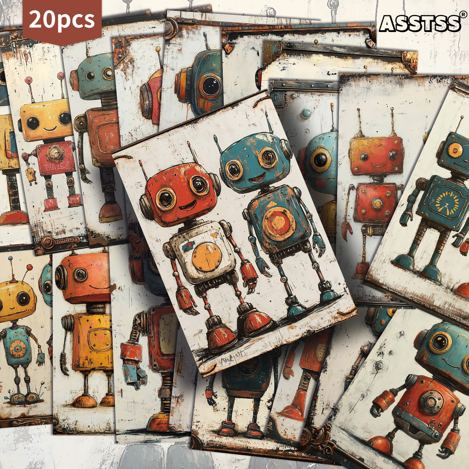 TEMU 20 Pack Asstss Vintage Cute Robot Paper Postcards - 4x6 Inches Vintage Junk Journal Paper, Classic Pinup Illustrations, Collectible Decorative