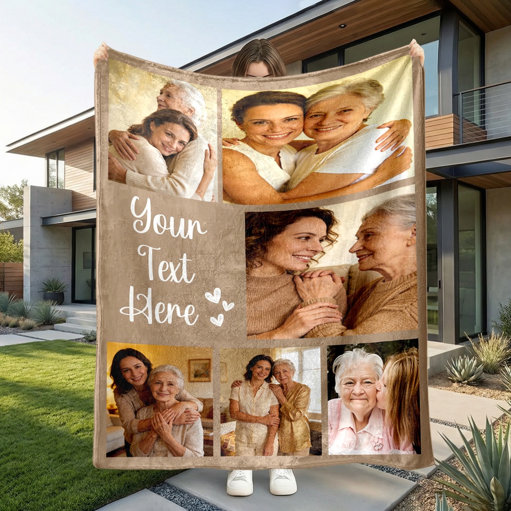 Image of 1pc Personalized Photo/text Blanket - 6 Photo & Text Puzzle Suitable For Sofa/office/nap Warm Flannel Throw, Brown Background With Photo/text, Machine Washable Gift For,, Birthdays,, Decor