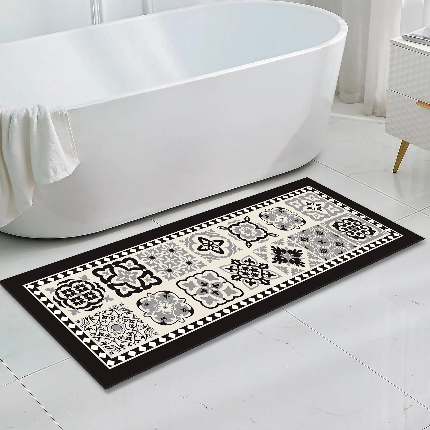 TEMU 1pc, Long Rectangular Bath Mat, Black And White Geometric Pattern Bathroom Anti-slip Mat, Diatomite Material Bath Mat, Style, High-quality