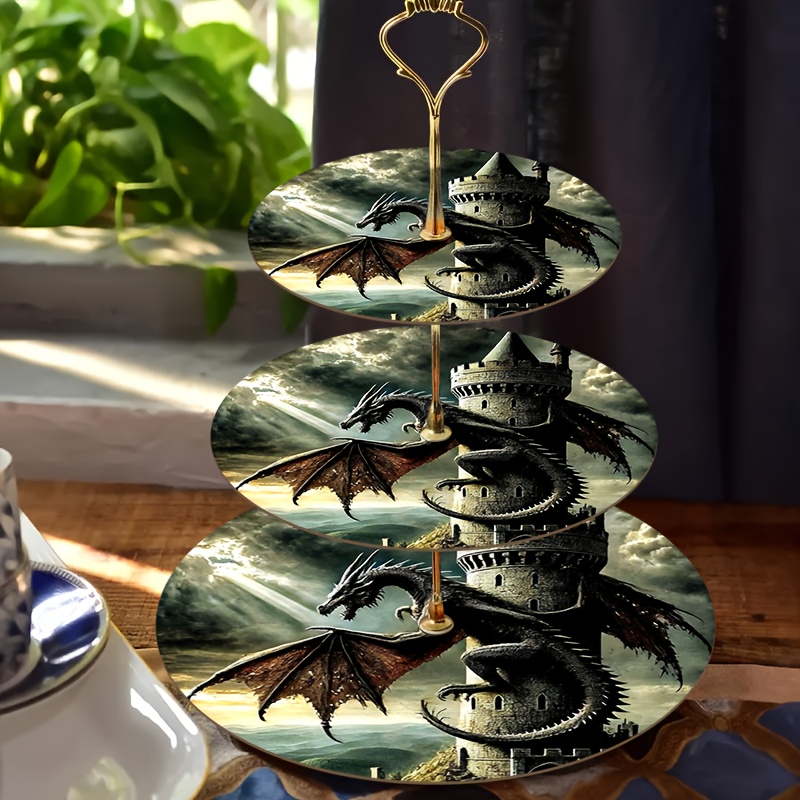 TEMU 1pc Three-tier Wooden Display Tray With Dragon And Castle , Storage Rack - Suitable For Weddings, Birthdays, Thanksgiving, Valentine's Day, And
