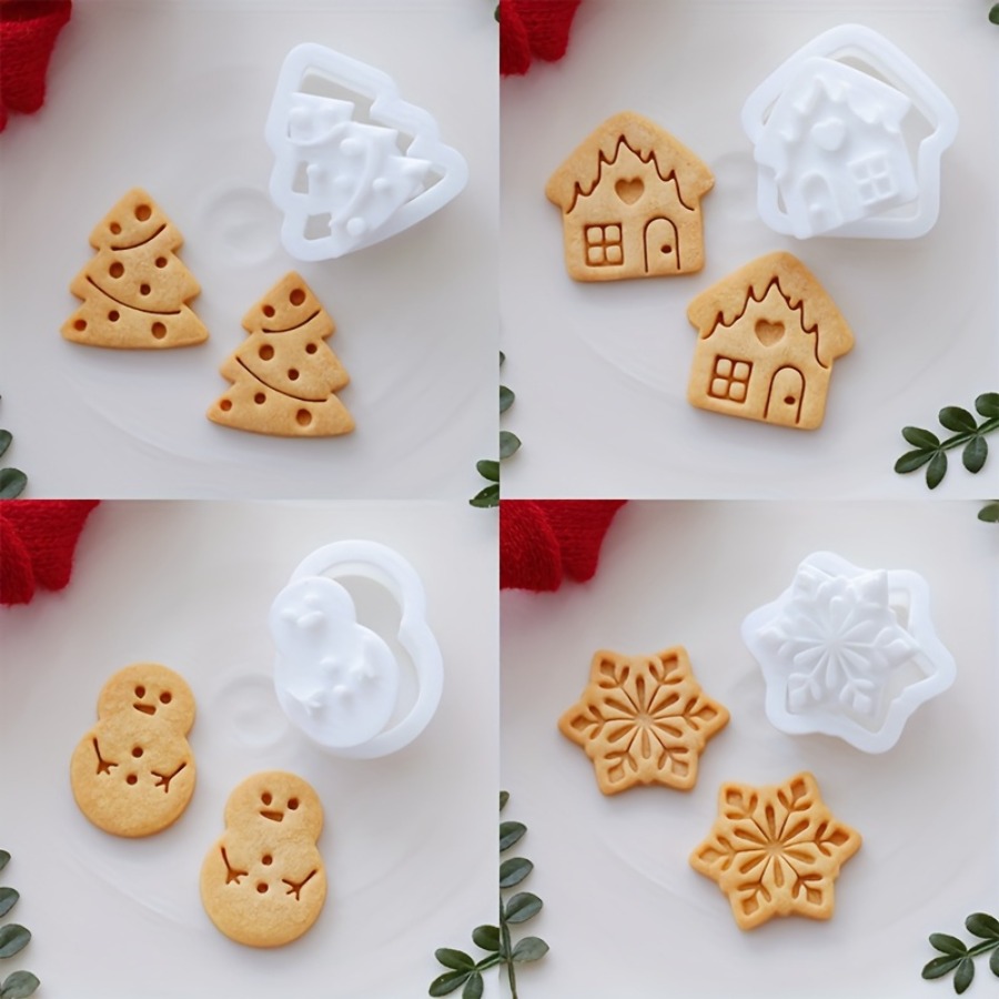 Image of 4pcs Set Of Mini Cute Christmas Gingerbread House Molds, Snowman, Christmas Tree, Snowflake, Hamster Pet Treat Tools
