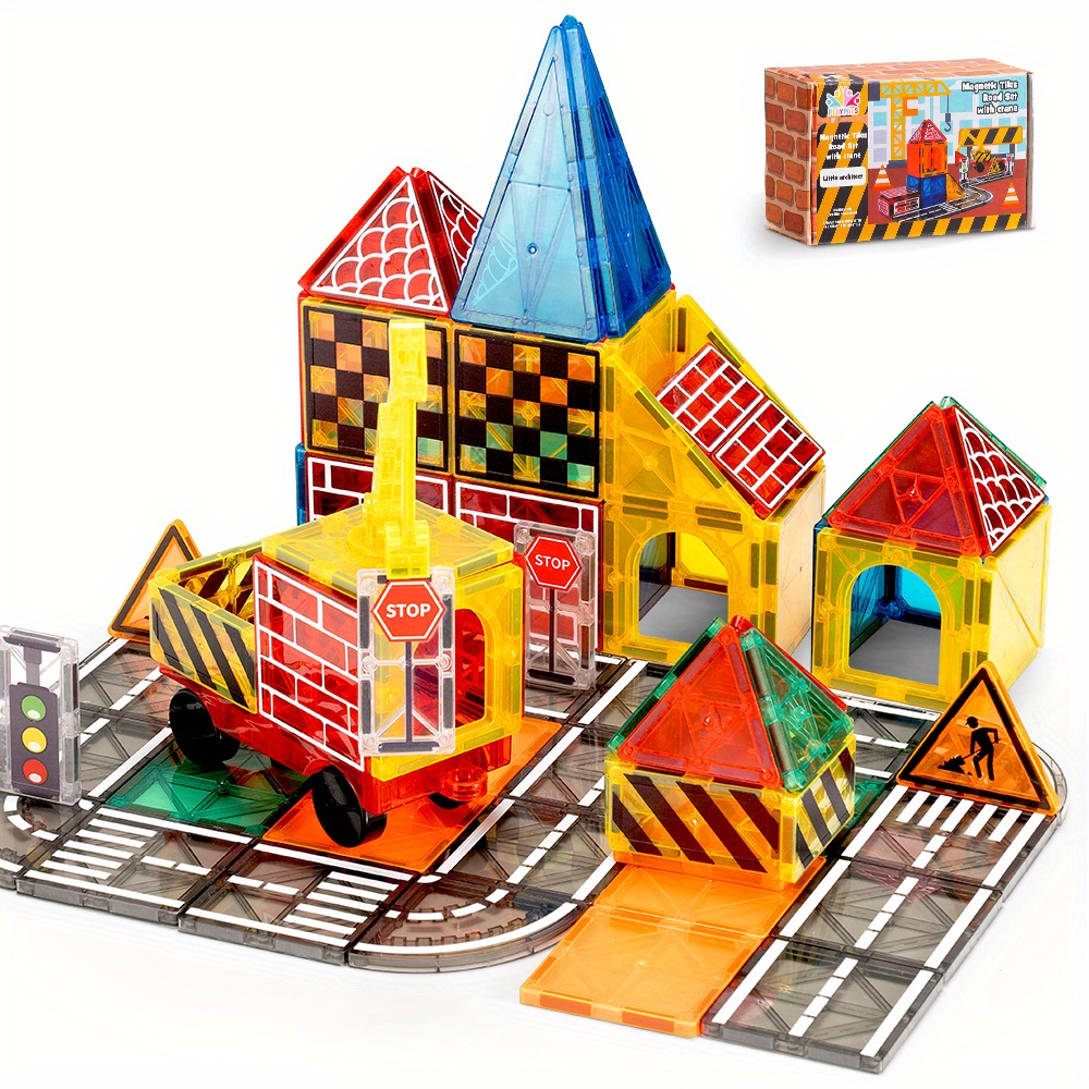 TEMU Set Of 40 Magnetic Tiles Featuring An Extendable Crane, Designed For , , And Ideal Gifts For Children Aged 3 And Above