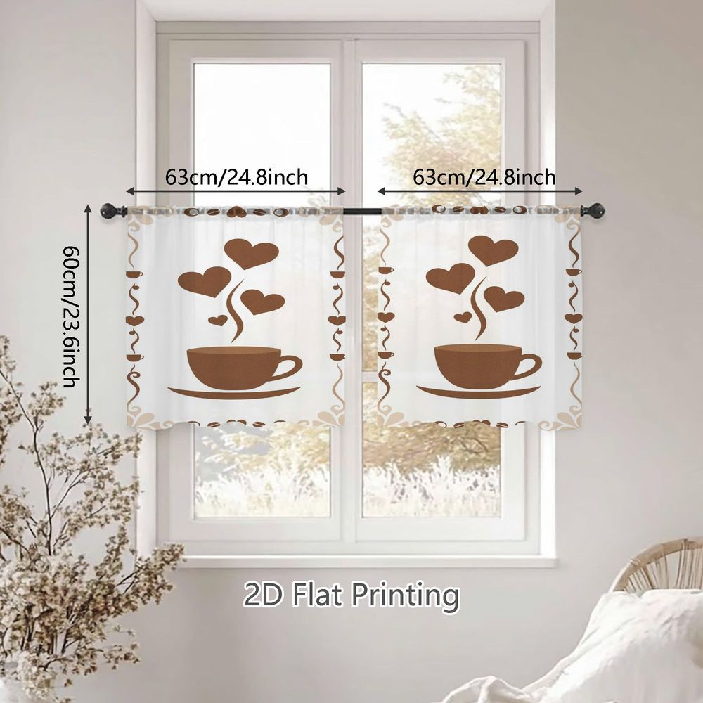 TEMU 2d Flat, 2pcs Panel Semi-sheer Curtains Suitable For, Rod Pocket Window Panels With Coffee Cup & Hearts Print, Pocket For, Machine Washable