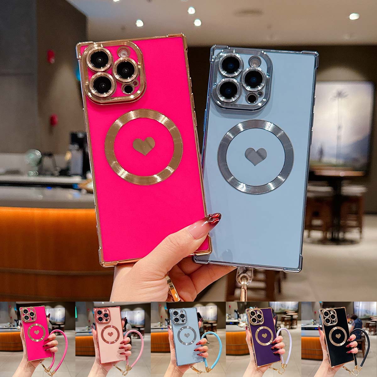 Solid Color Electroplated Side Heart-Shaped Wireless Charging Phone Case, Suitable For iPhone 13/ 15 Plus/ 14 Pro/ 16 Pro Max, Equipped With Bracelet, Right Angle Anti Drop Design Back