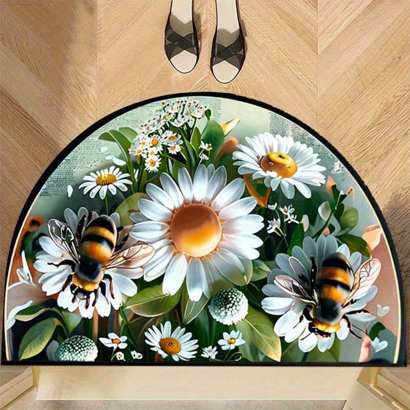Image of Semi-circular Welcome Mat With Daisies & Bees | Non-slip, Washable Polyester | Ideal For Indoor/outdoor Use | Durable Entrance Mat For Living Room, Bedroom, Kitchen, Bathroom, Patio
