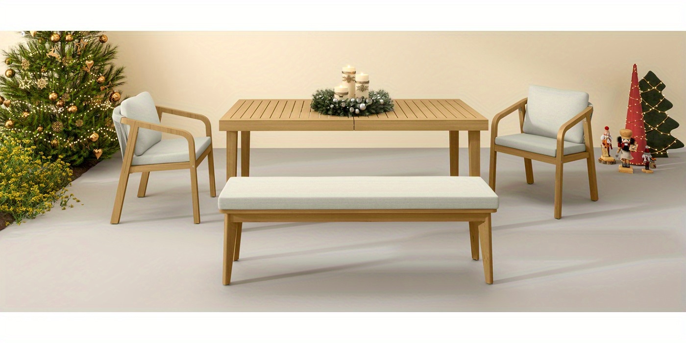 Stylish Outdoor Bench with Soft Cushion, Premium Acacia Wood, Perfect for Patio, Garden, or Yard, Chic Beige Finish