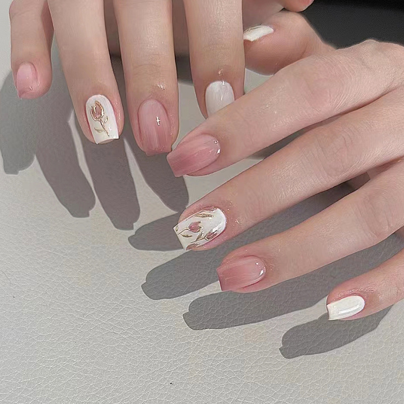 24pcs short square press on nails gradient tulip   glossy white to pink ombre   nails for women   reusable artificial nails for hands feet cute nails nail art detailed   enthusiasts Product details 0