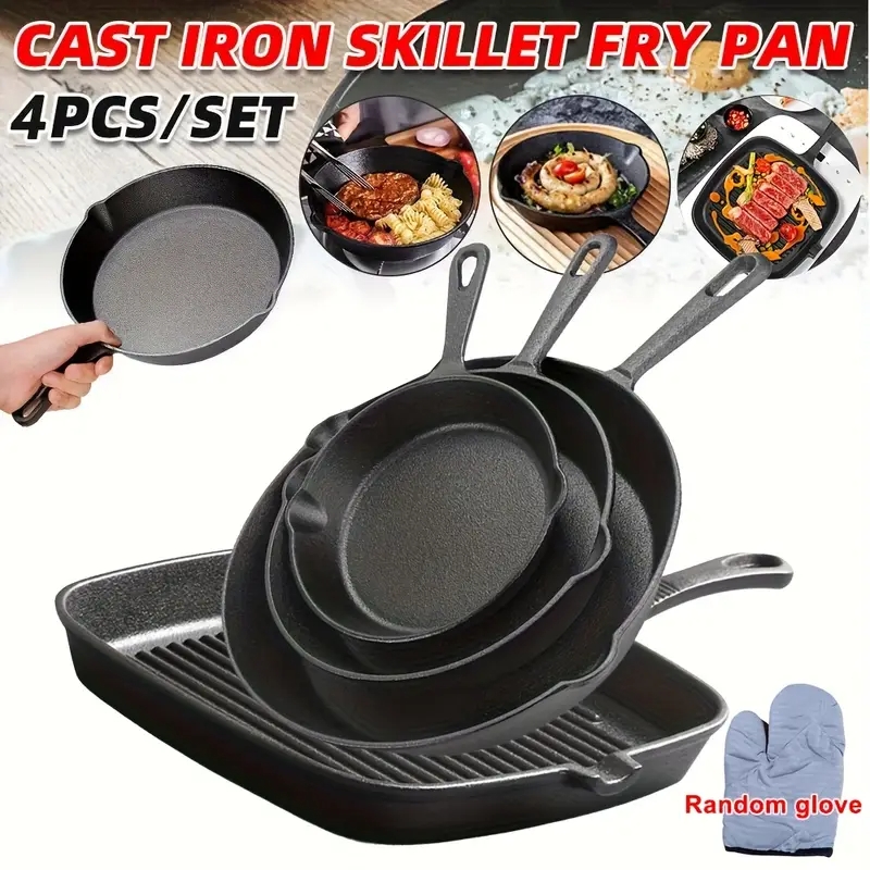4pcs Cast Set, Steak Frying Pan, Iron Pans, 14cm, 16cm, 20cm, 24cm, For Frying, Baking, Roasting-versatile Cookware Perfect For Steak, Eggs, Pancakes, Omelets