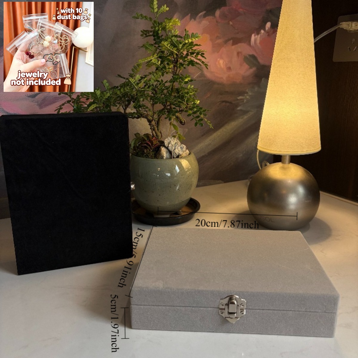 Premium Gray Velvet Locking Jewelry Box with Compartments