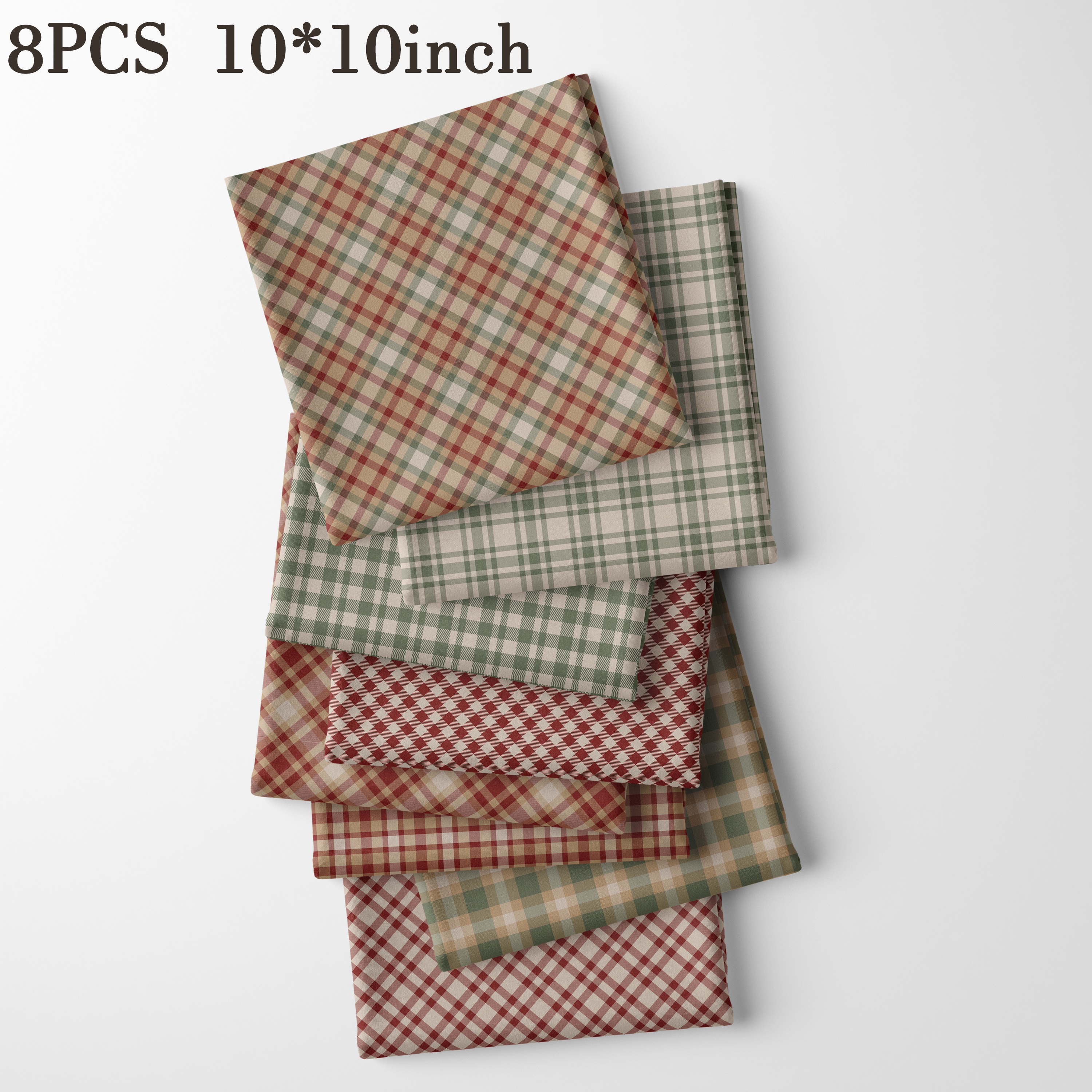 TEMU 8pcs 10"× 10" Square Fabric Set, Featuring Wine-red Diagonal , Green-brown Mixed Solid , Red-brown Vintage , Dark And Light Wine-red Diagonal ,