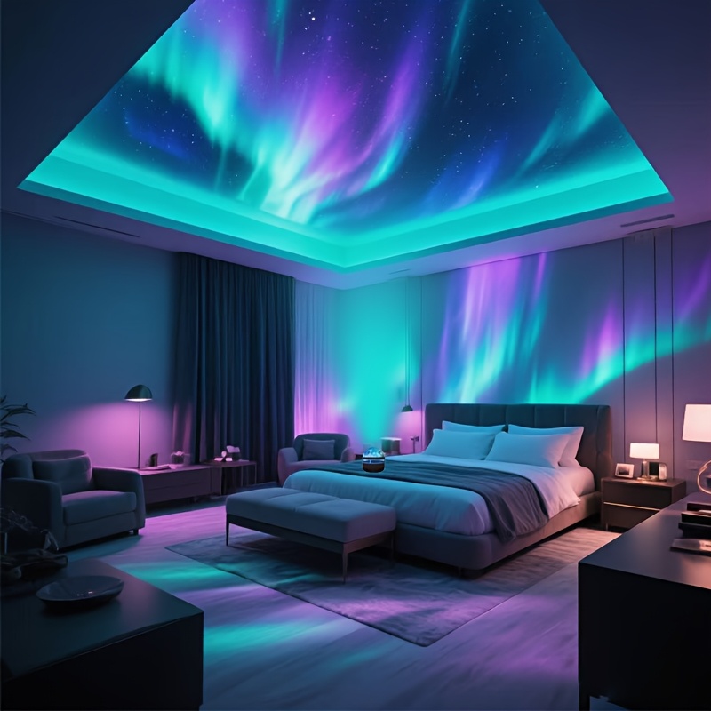 Close-up of the LED Aurora projector with remote control and touch buttons