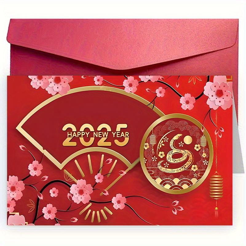 

2025 Chinese New Year Greeting Card With Envelope, 12cm*18cm - Unique Zodiac Snake Design, Floral And Fan Patterns, Lover, Family, Friend, Bestie, Happy, Creative Lunar New Year Card