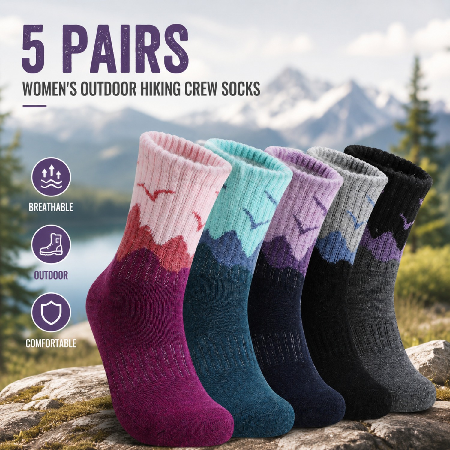 Image of 5 Pairs Women's Outdoor Hiking Crew Socks, Cushioned Boot Socks For Trekking, Camping, Walking And Work, Long Crew Casual Socks, Everyday Outdoor Gift Socks For Women