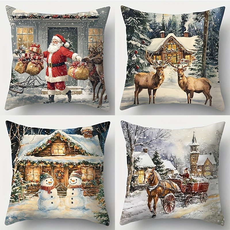 

4pcs Set, New Christmas Pillows With Santa Claus And Snowman Prints Suitable For Living Rooms, Sofas, Beds, Bedrooms, Home Decor, No Pillow , Best For Christmas