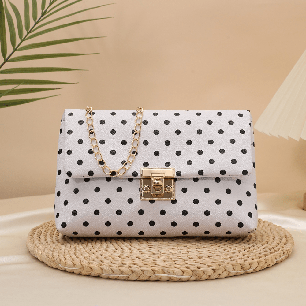 TEMU Women's Black White Polka Dot Flap Crossbody Bag, Vintage Shoulder Purse With Golden Twist Lock & Detachable Chain Strap, Elegant Mini Satchel