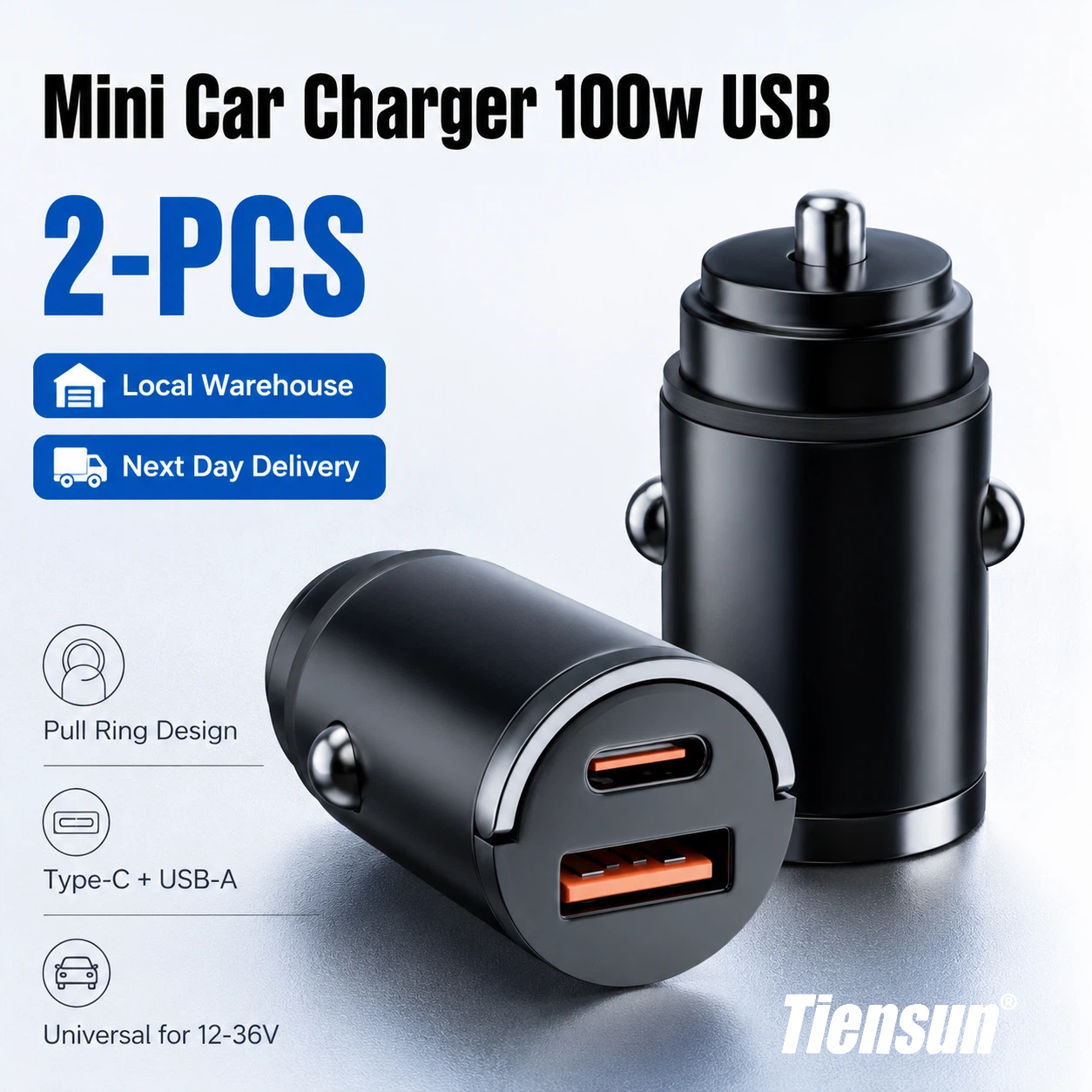 [2-pcs] Car Charger, 100w , With Cables, Usb C+a Charging With Functional Pull Ring Design, Hidden Car Adapter, Power Adapter For Car Socket 95685uieu55696