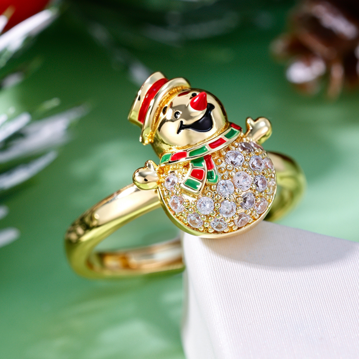 Christmas Snowman Enamel Rhinestone Open Ring, Holiday Gift