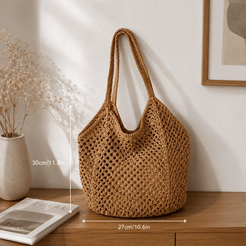 TEMU Women's Large Capacity Woven Tote Bag - Lightweight And Breathable Single Shoulder Bag, Suitable For The Beach, Travel, Shopping, And Daily Use,