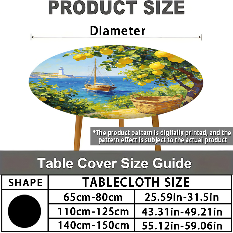 TEMU Nappe Ronde Ajustée IT1pcs à Impression Plate 2D, Convient à Toutes , avec Motif Style Paysage Marin avec et Phare, Nappe Ronde Extensible en
