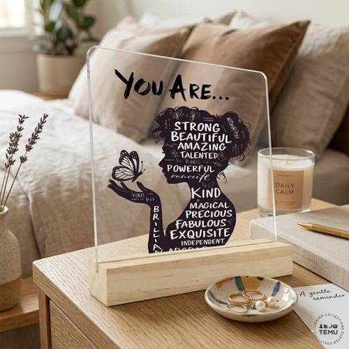 2D Flat, You Are Strong, Beautiful and Outstanding! Acrylic Desktop Nameplate, Inspirational Female Silhouette Butterfly Ornaments (with Wooden Base), a Lady Gift That Conveys Positive Affirmation and Self-love Concept, Suitable for Home or Office