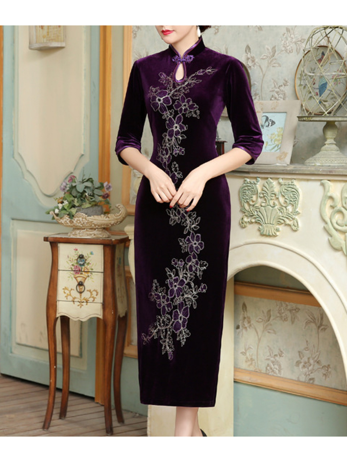 fitted lace wedding dress Zapaka Women Purple A Line Long Mother of The Bride Dress with Appliques Floral V-Neck Short Sleeves Wedding Guest Dress, Purple / 4XL main image 0