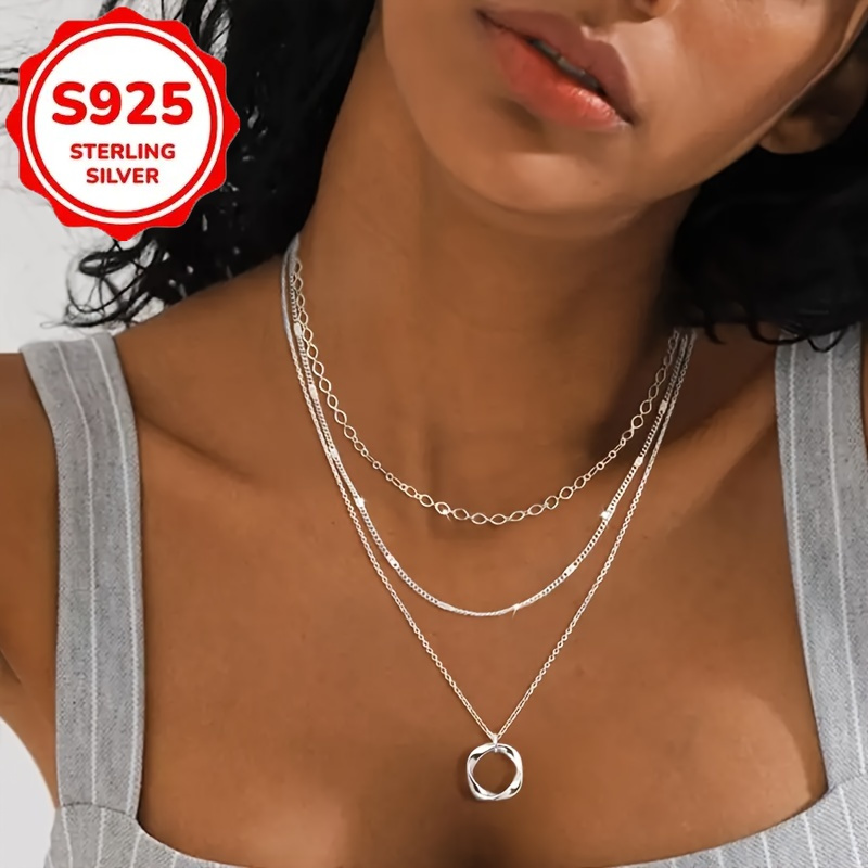 TEMU 1pc S925 Silvery Layered Necklace | Stylish Round Pendant Design For Parties, Vacations, And Gift Giving