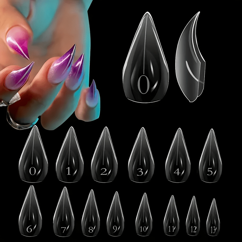 TEMU 139pcs Clear Stiletto Nail Tips 14 Sizes Full Cover Long Sharp Transparent False Nail Tips For Acrylic Nail Extensions Salon Home Diy Manicure