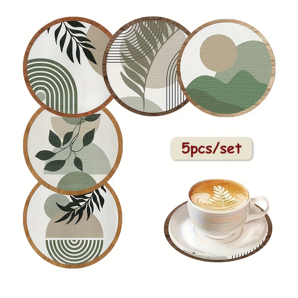 TEMU 5pcs Set Of Geometric Bohemian-style Wooden Coasters, Featuring A Non-slip, Heat-resistant, And Easy-to-. Green Decor, Suitable For Home,