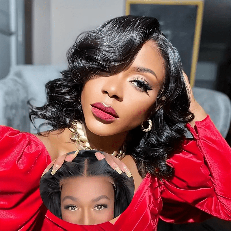 TEMU Uveous Elegant Body Wave Lace Front Wig For Women, 13x4 Lace Area, 100% Brazilian Human Hair, Pre-, Glueless 180% Density, Short Bob Style