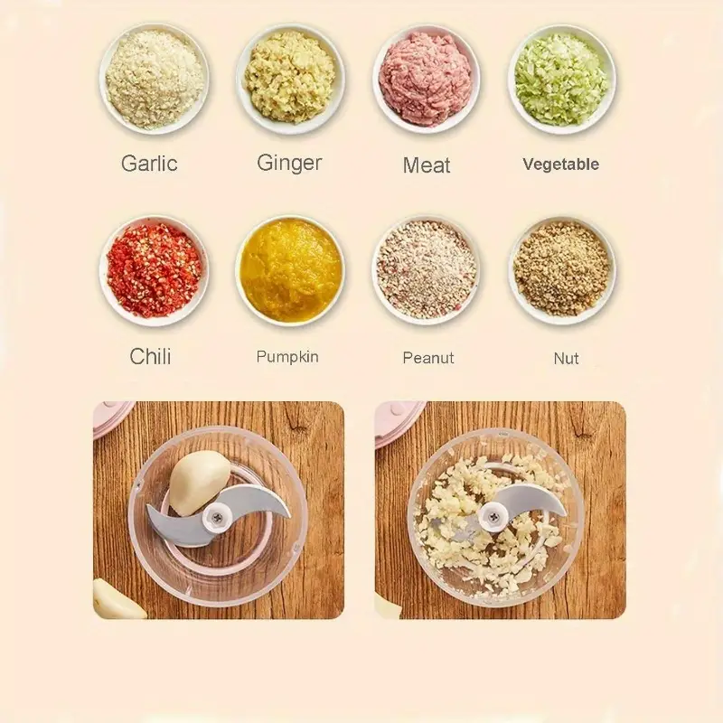 wireless usb-powered food processor & garlic chopper with 2-cup large capacity, ergonomic lever & operation, with clear lid & safety lock - cordless chopper for vegetables, onion, tomato, pepper, herb, soft fruit - ideal for small kitchens, usb charging base included, vegetable slicer and chopper, manual food chopper Product details 6