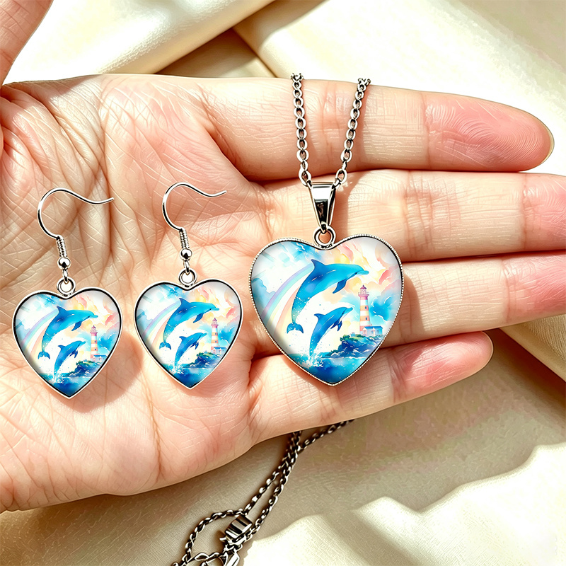 3pc Leaping Dolphins Lighthouse Jewelry Set, Unisex