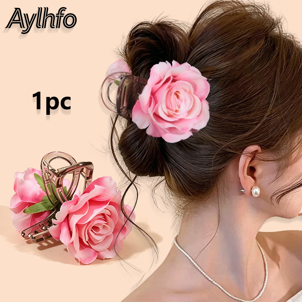TEMU AYLHFO 1 pièce pince à cheveux à double , pince à cheveux requin florale vintage, grande pince à mâchoire antidérapante pour femme, accessoires