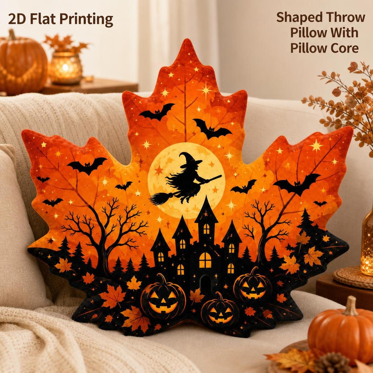 TEMU Coussin décoratif de feuille d'érable d'Halloween avec impression 2D à plat, de sorcière volante et citrouille, pour chambre à coucher, pour les