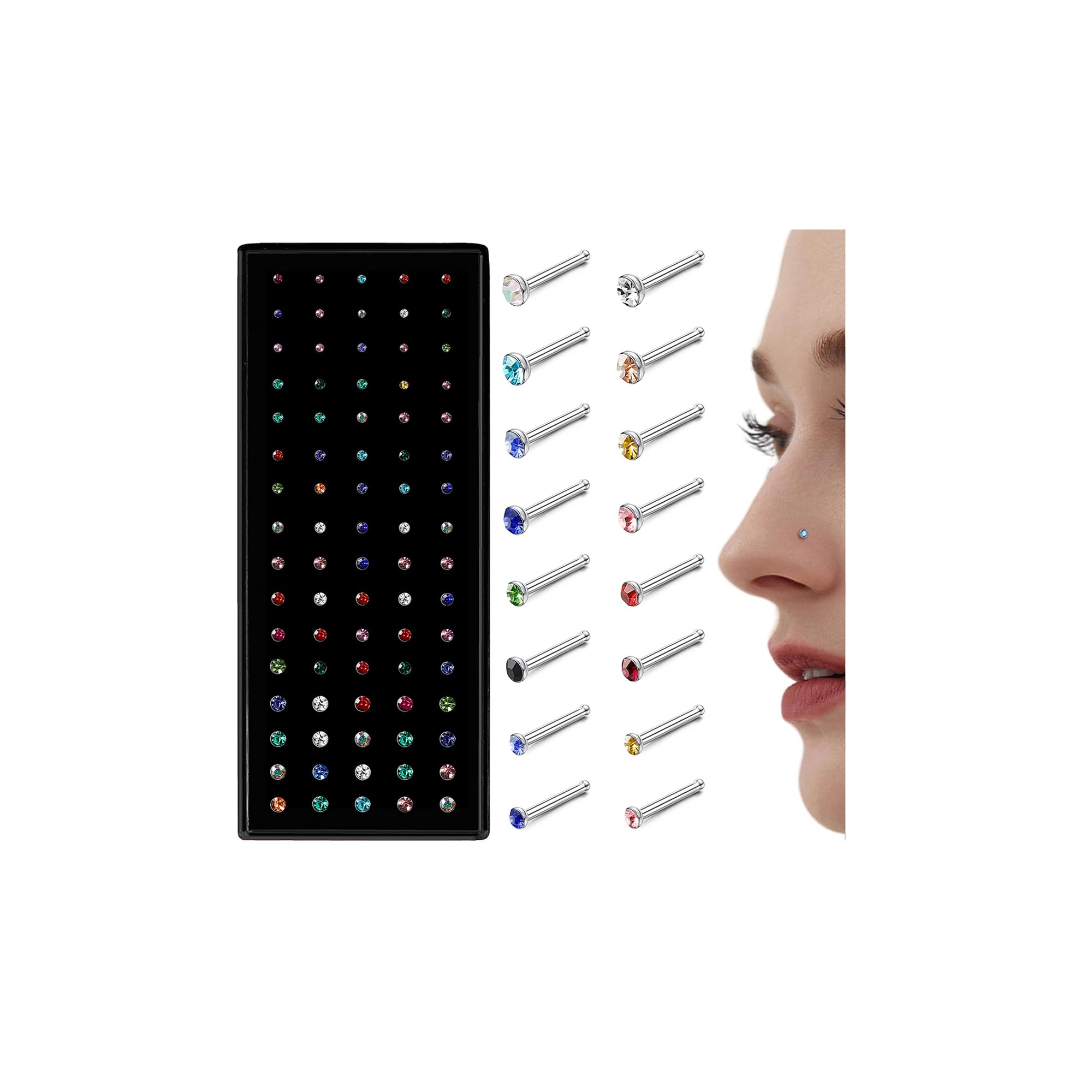 Image of 80pcs Nose Rings Studs For Women Men - Straight Or L Shaped Surgical Stainless Steel Small Nose Studs Pin - Hypoallergenic 20g 22g Piercing Jewelry 1.5/2/2.5/3 Mm Cz