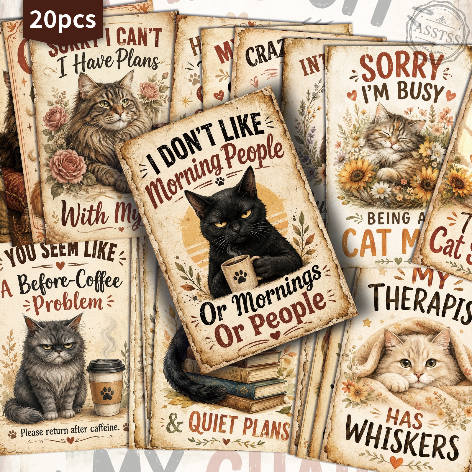 TEMU 20-pack Asstss Vintage Coffee Kitten Postcards - 4x6 Inches Retro Junk Journal Supplies, Classic Pinup Illustrations Collectible Decorative