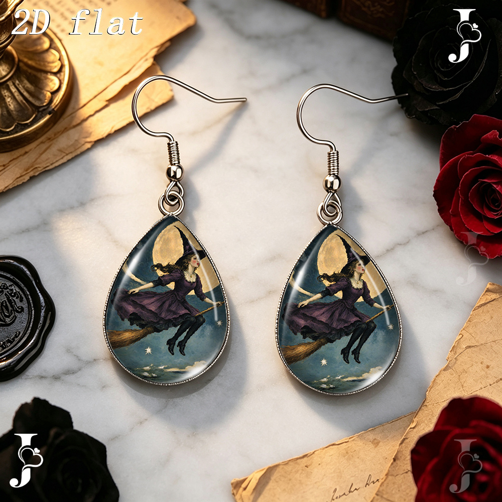 Teardrop Dangle Earrings with Vintage Witch Pattern