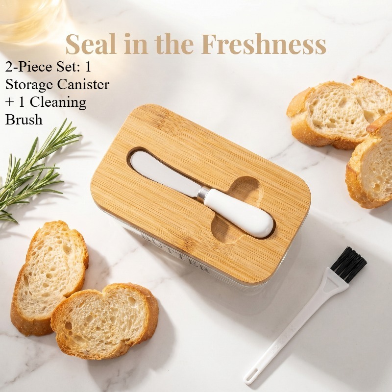 TEMU 2pcs Airtight Glass Butter Dish Set, 1 Lb Large Capacity Butter Keeper With Butter Knife & Cleaning Brush, Sealed Food Storage Container Fits