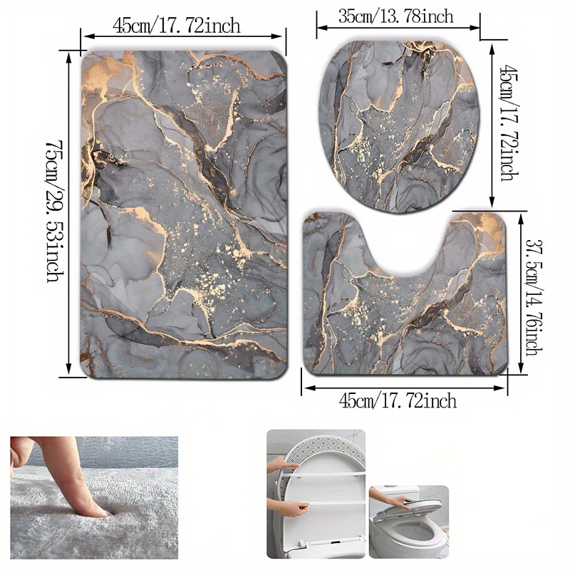 TEMU [open ] Gilded Imitation Marble Pattern Bathroom 3pcs Toilet Set, Soft Flannel Sponge Mat, Water-absorbent And Non-slip Washable Rug, U-shaped
