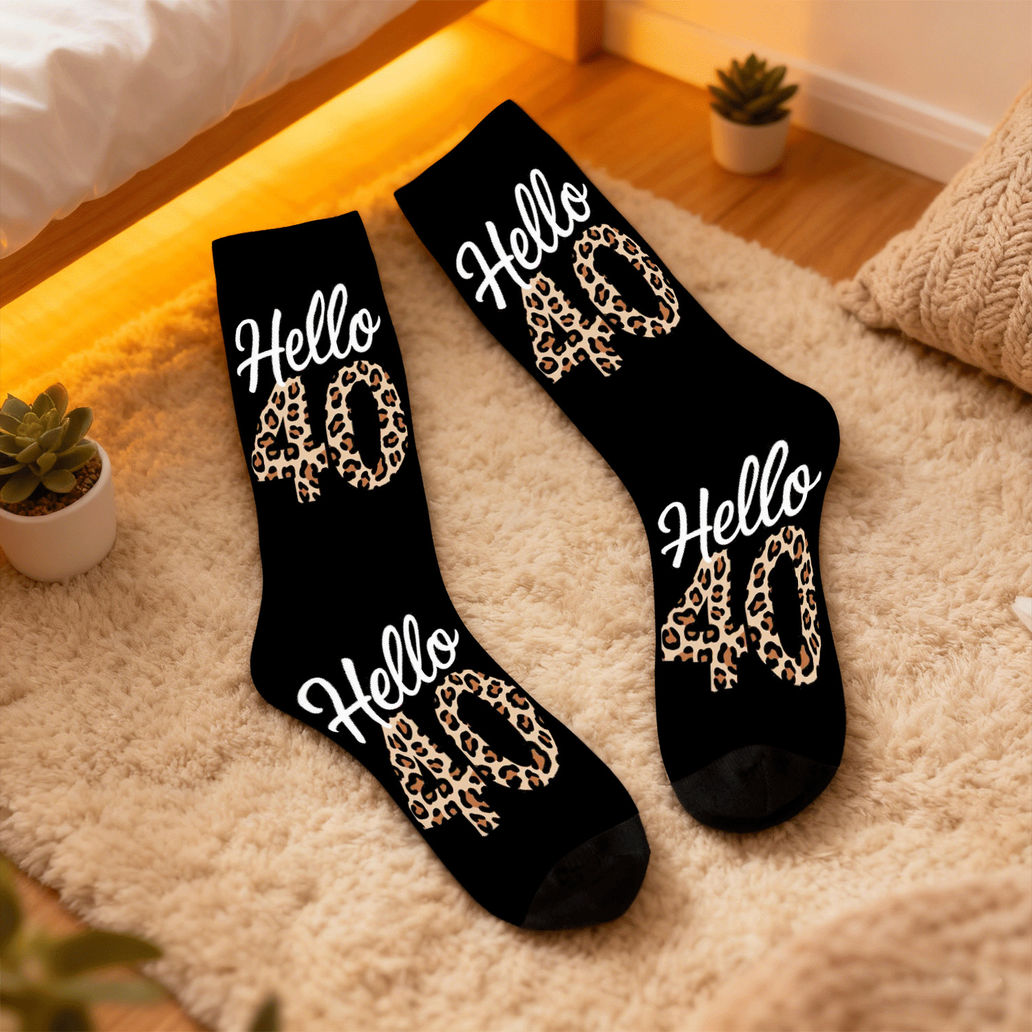 Image of Hello Leopard Print 40th Birthday Party Woman Breathable Casual For Themed Outfits Socks, Sports, Stylish And Suitable For Daily Wear, Unisex Printed Sock Gift