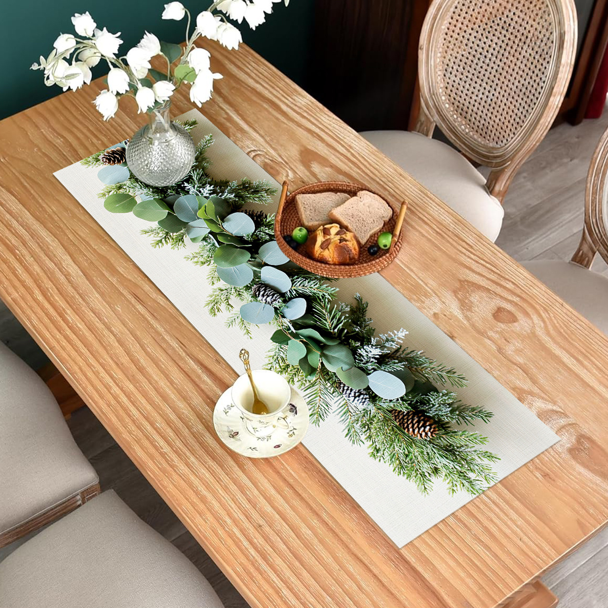 TEMU Winter Pine Branch And Table Runner, Featuring And For Home Wall Art, Suitable For Decorating Dining Tables, Coffee Tables, And Side Tables.