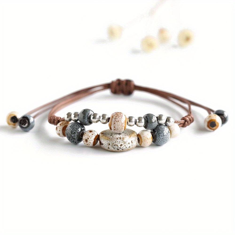 1pc Boho-tribal Handmade Ceramic Bead Bracelet For Women, Adjustable Two-layer Woven Jewelry With Turquoise, Coral, And White Beads, Perfect For Daily Wear Or Parties, Boho Jewelr