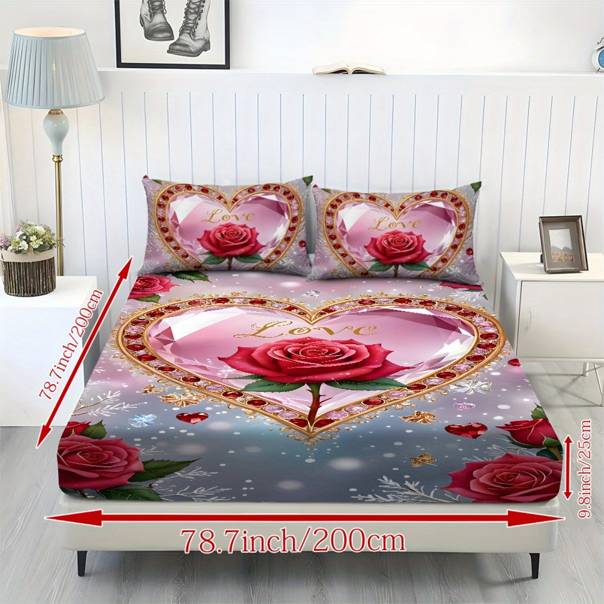 TEMU Drap Housse Literie - 3 pièces Motif Cœur Rose Protecteur de Matelas en Dix Tailles : 1 Drap Housse + 2 Taies d'Oreiller, Garniture. Draps