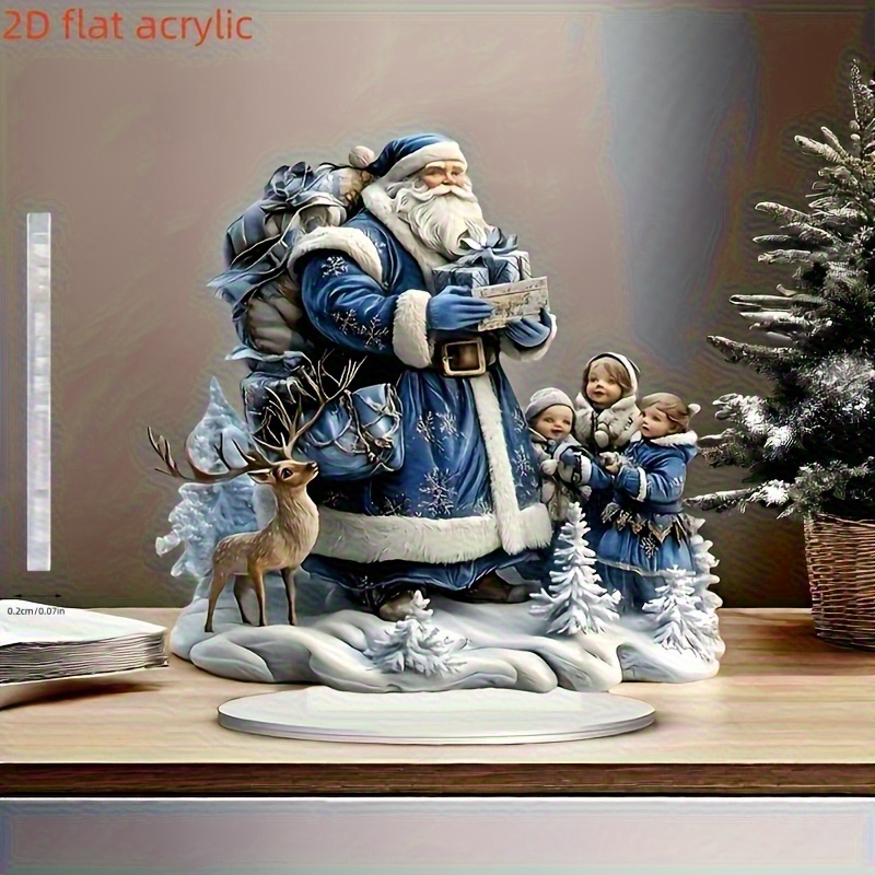 TEMU 2d Flat Design, An Acrylic Santa Claus Light Catcher With A Base - Vibrant 2d Design Featuring A Blue Santa Claus And A Statue, Perfect For