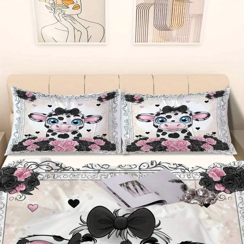 3pcs duvet cover set, 1 duvet+2 pillowcases(without filler), rose cow pattern theme, valentine s bedding set, elegant romantic suitable for decoration bedroom guestroom wedding room , holiday decoration, , stylish duvet, romantic theme, durable cover, textile, pillowcase set, decorative bedding, , couples gift Product details 4