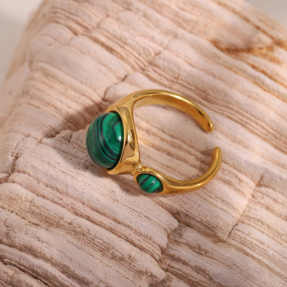 TEMU Bague ouverte 1 pièce vintage texturée en malachite artificielle, en acier inoxydable hypoallergénique, bijou de main élégant qui illumine le
